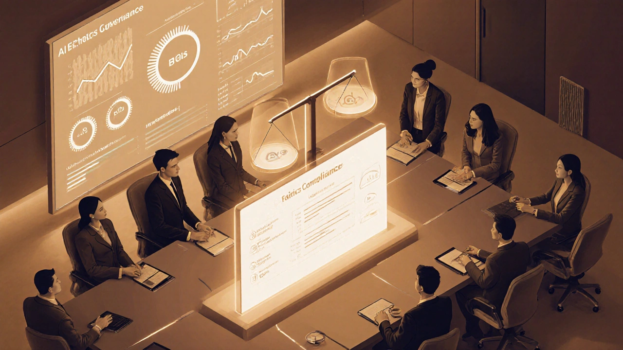 Boardroom scene with an AI model‑card, ethical balance scales, and a performance monitoring dashboard.