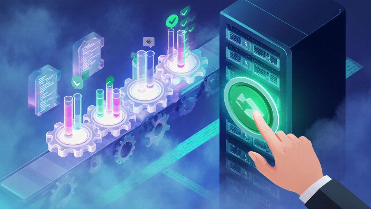 Conceptual CI pipeline with gears, test symbols, and a checklist, symbolizing automated testing and deployment.