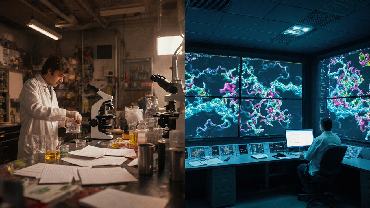 Contrasting old-school drug lab with modern AI-controlled room showing evolution of drug discovery.