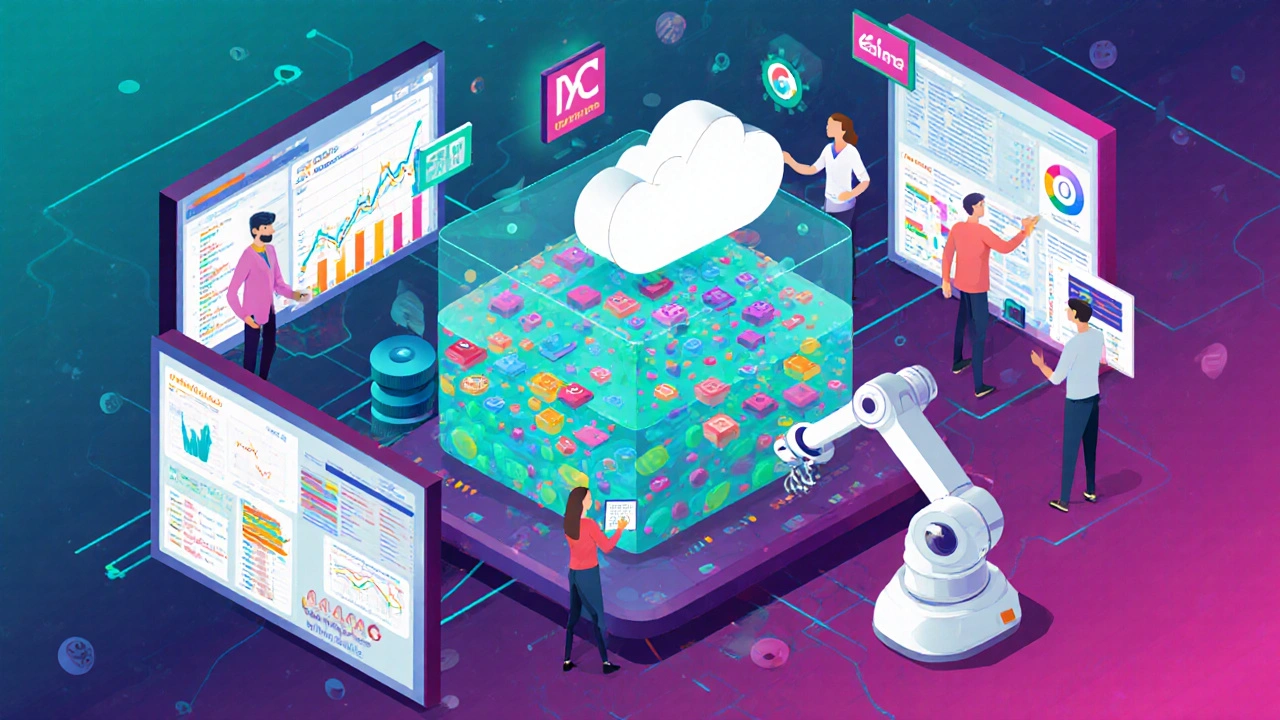 Data scientists work around a glowing data lake with cloud AI tools and predictive model visuals.