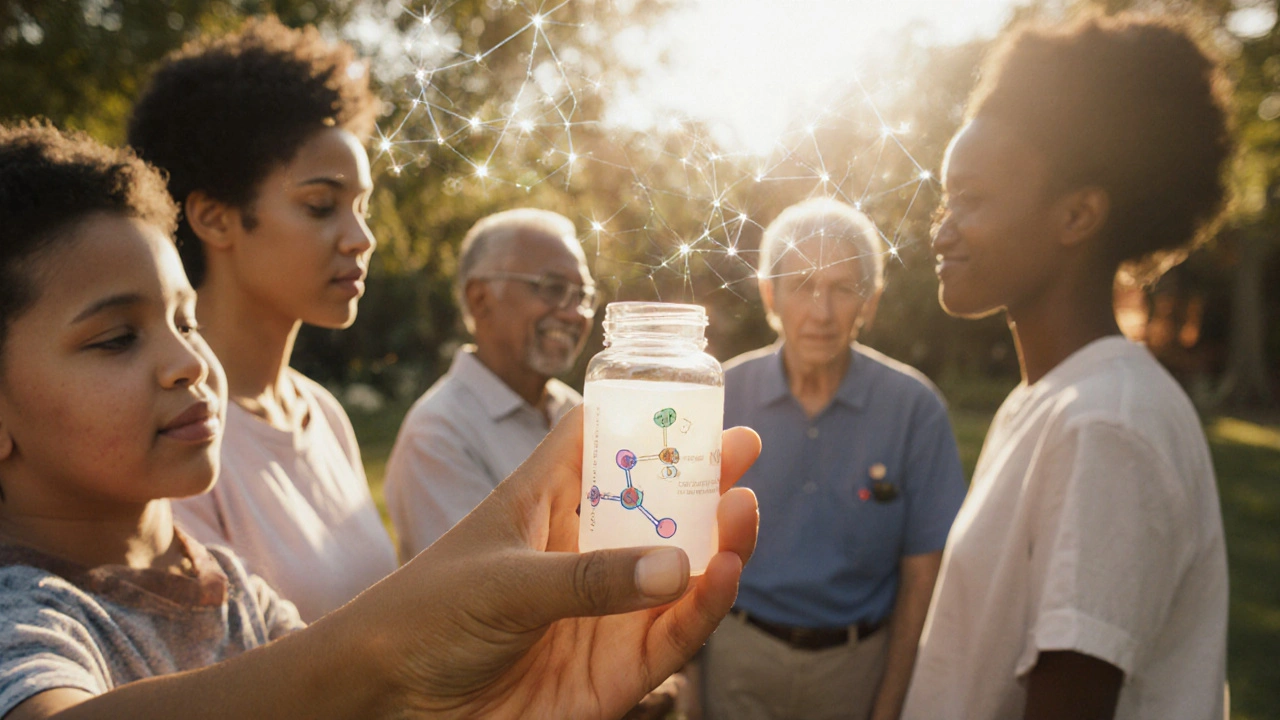 Diverse patients in a garden holding personalized pill bottles as AI molecular patterns float gently around them.