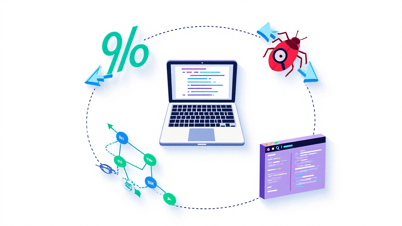 Flat icons representing syntax, algorithm, debugging, Git, and IDE orbit a central laptop.