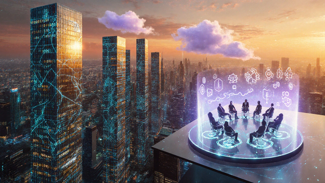 Futuristic city made of glowing data streams with a hovering AI governance boardroom.