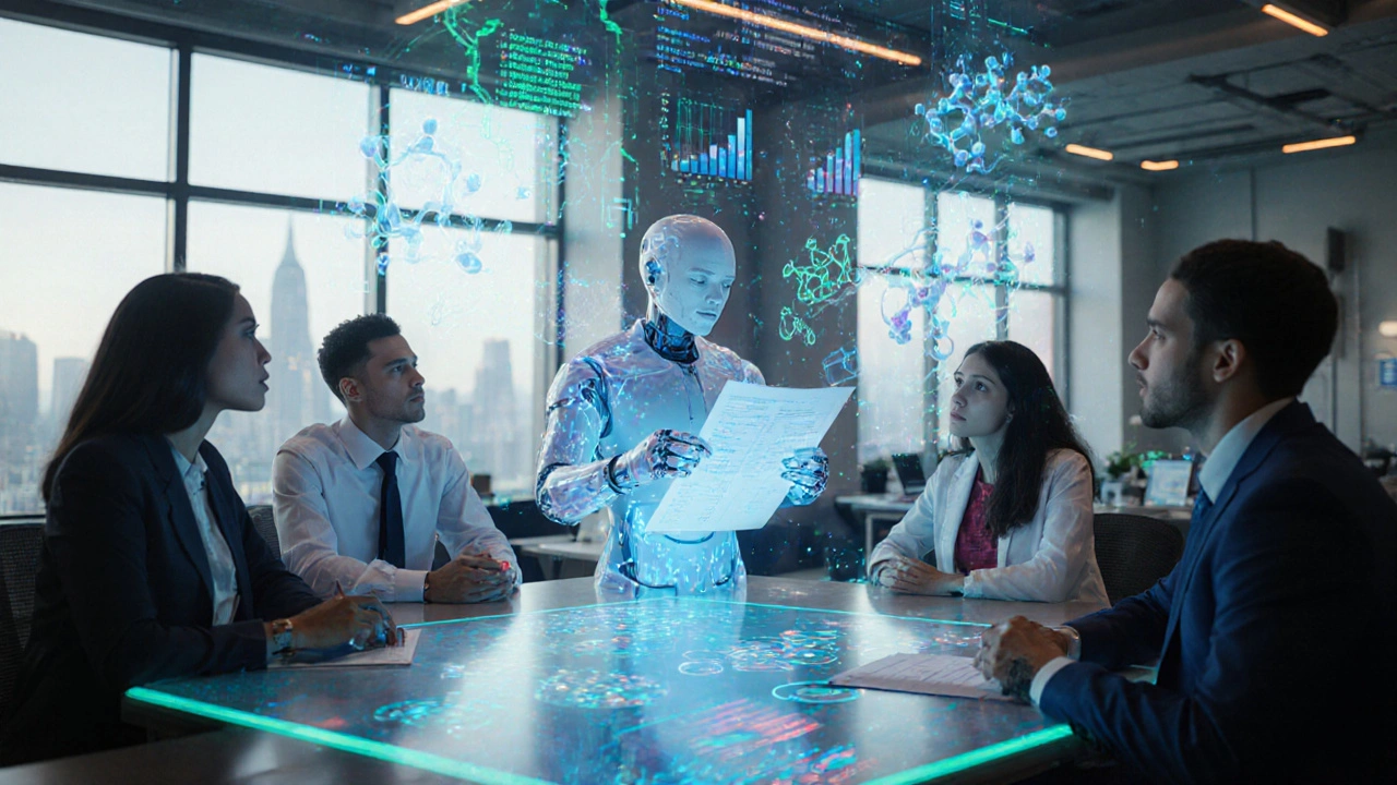 Futuristic workspace with a holographic AGI avatar assisting a diverse team on a scientific project.
