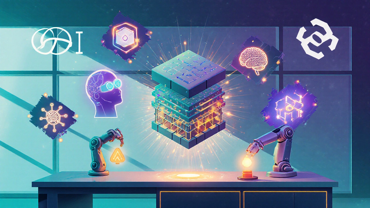 Illustration of AI building blocks with transformer diagram, icons for ML, DL, RL, and lab symbols of OpenAI and DeepMind.