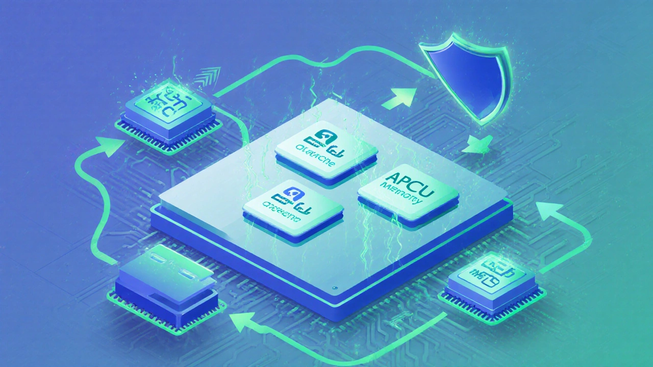 Illustration of CPU and memory blocks labeled as cache, representing OPcache and APCu performance enhancements.