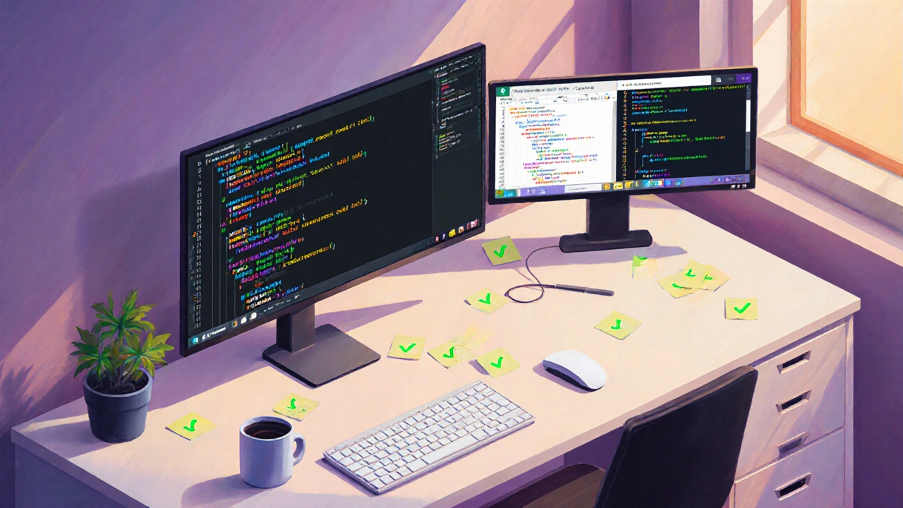 Isometric home office desk showing VSCode, GitHub repo, terminal, coffee mug, and checklist stickers.