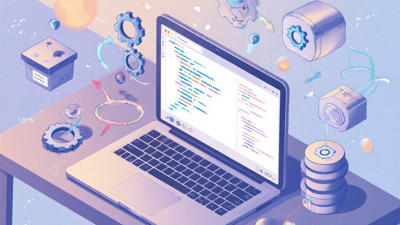 Isometric illustration of a laptop surrounded by floating icons for variables, loops, functions, data structures, and APIs.