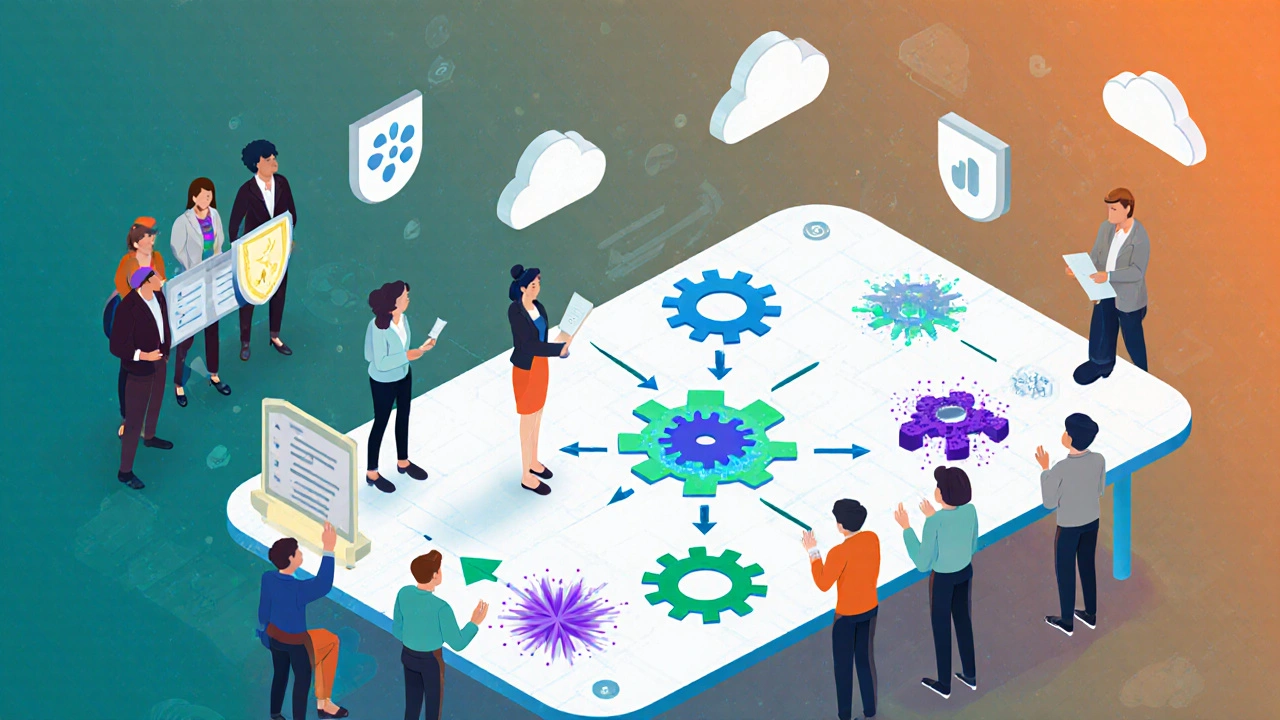 Isometric view of a team working on data pipelines, ML models, and AI ethics.