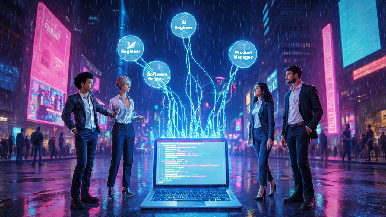 Neon cyber‑punk scene of diverse tech professionals around a holographic career map linked by glowing code.