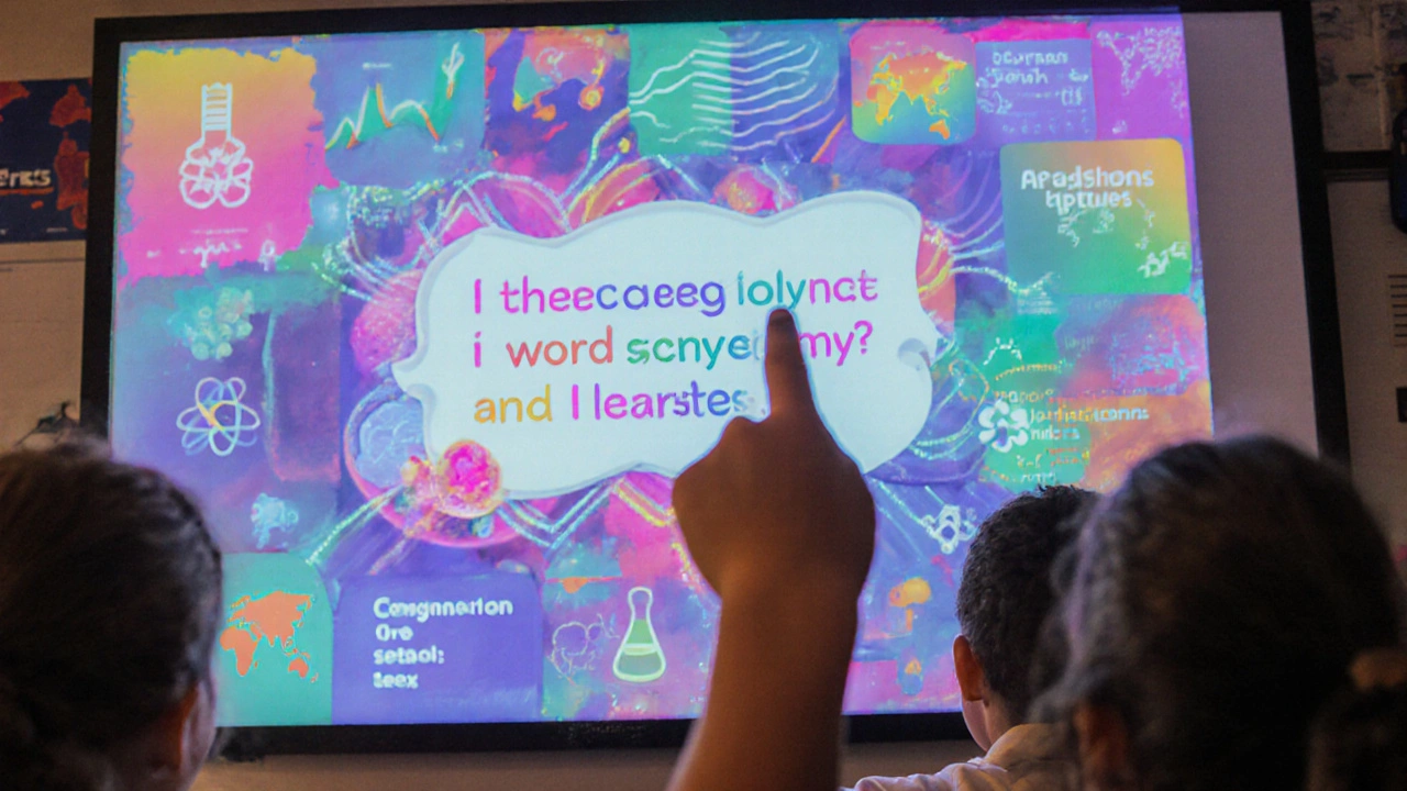 A child points at a screen where words change color based on emotion during a coding project