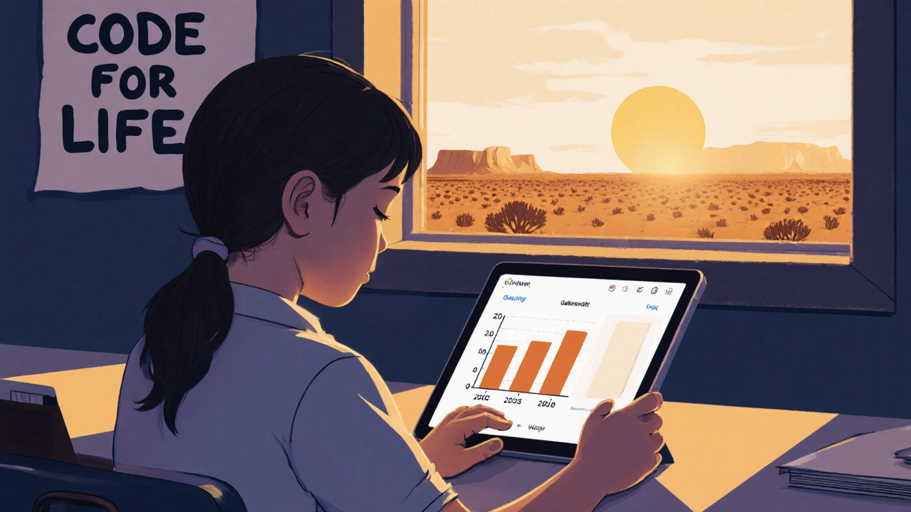 A girl coding a food waste tracker on a shared tablet in a rural classroom at sunset.