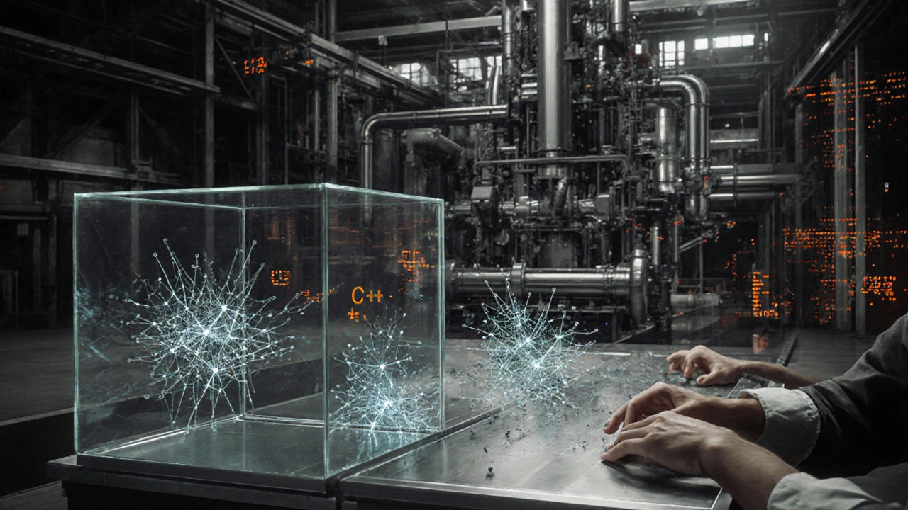 A glass design studio crafting AI models, with a factory behind it producing optimized versions in C++ and Rust.