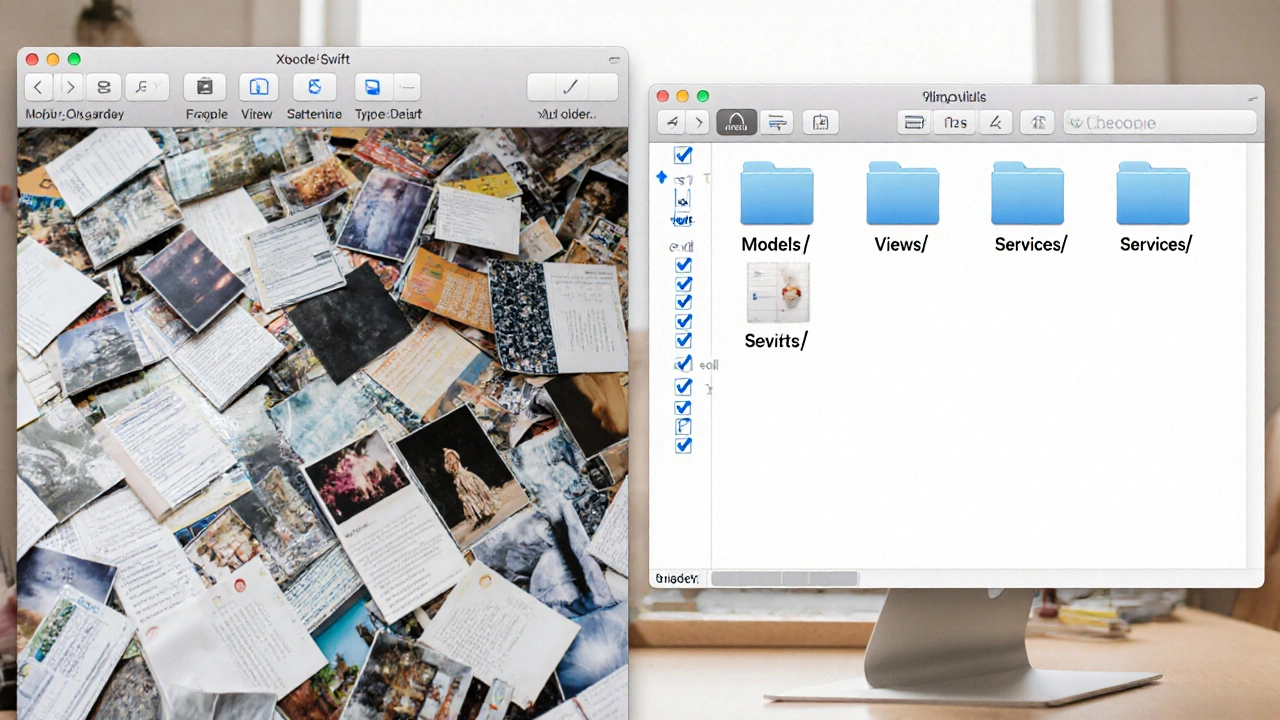 Cluttered vs organized Xcode project folders, showing clean file structure with labeled directories.