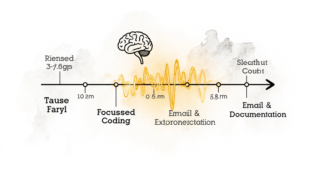 Daily timeline showing focused coding hours in golden light, aligned with natural energy rhythms.
