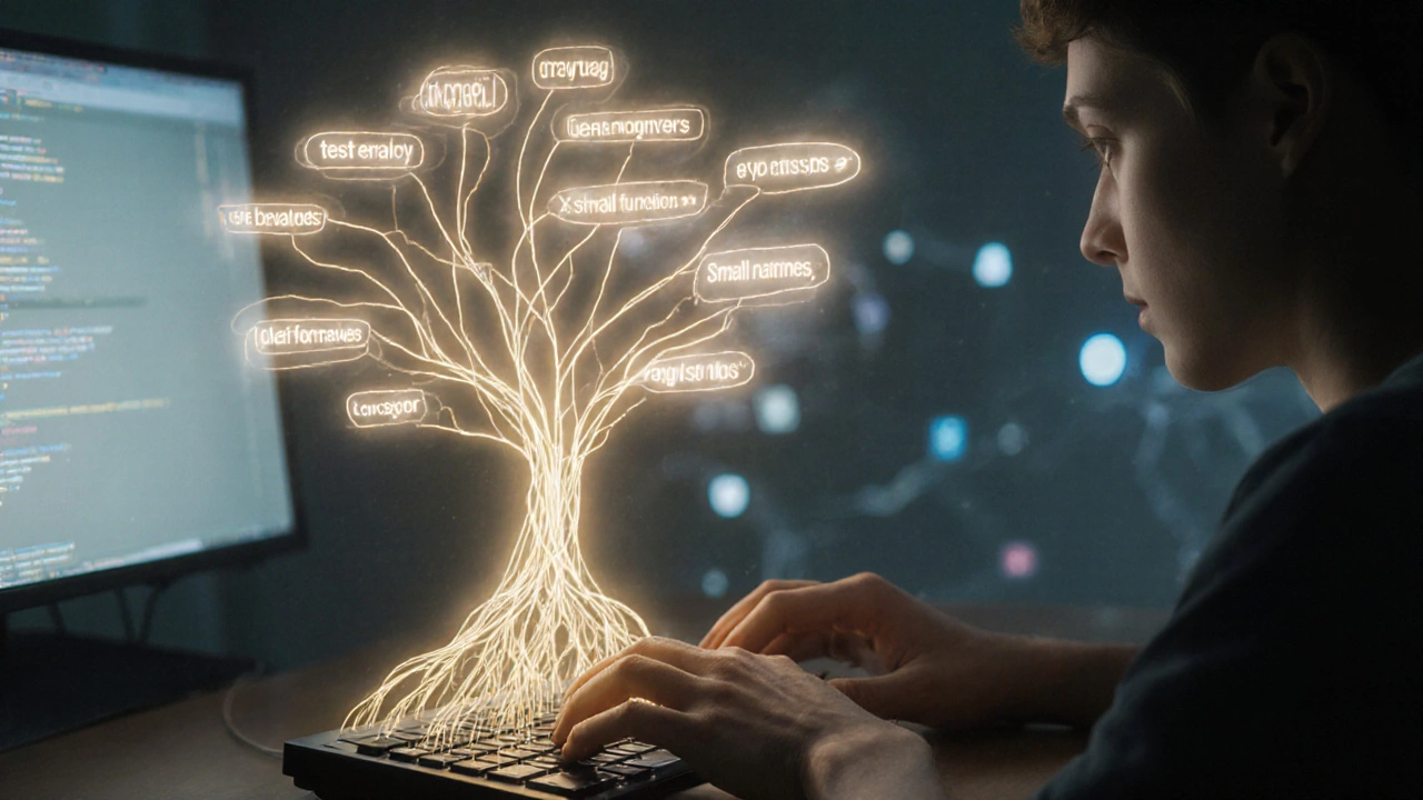 Developer typing as golden light forms a tree of coding habits above them, symbolizing growth through discipline.