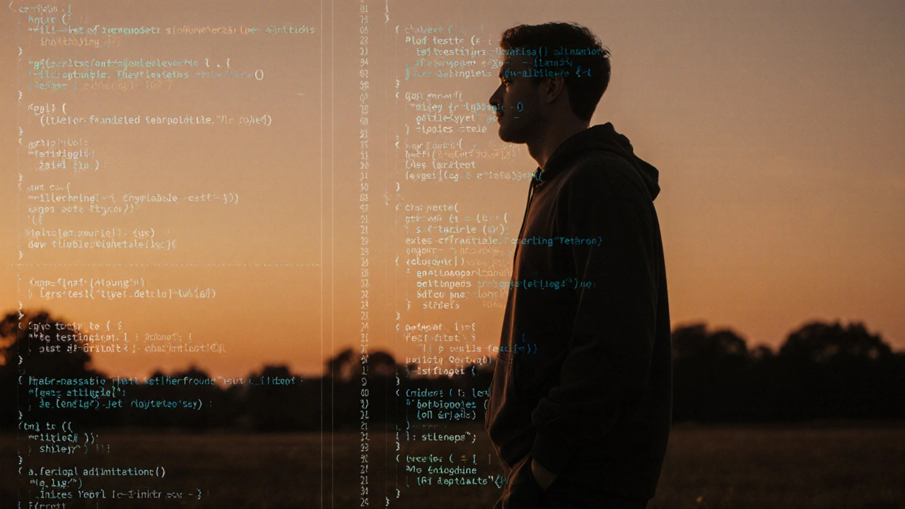 Developer walking outside at sunset, thinking after a focused work session.
