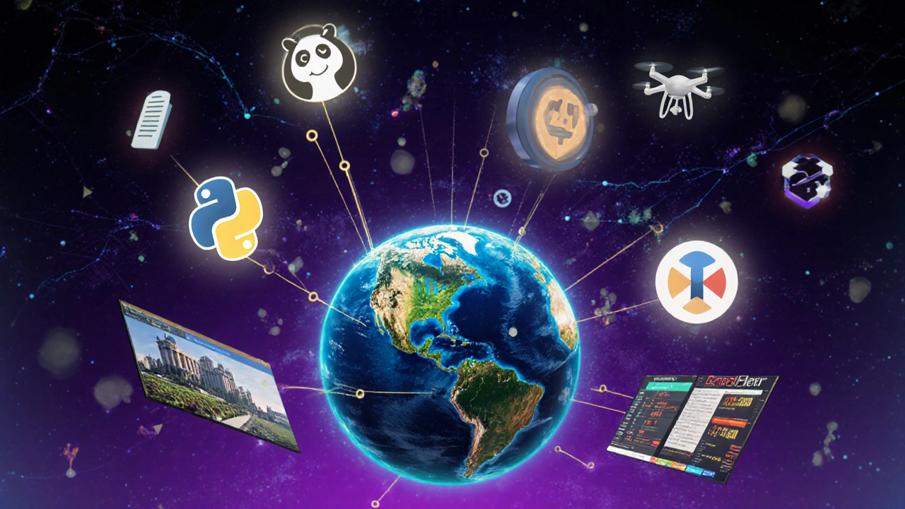 Floating AI libraries connected by code streams, showing real-world applications like farms, banks, and transit systems.