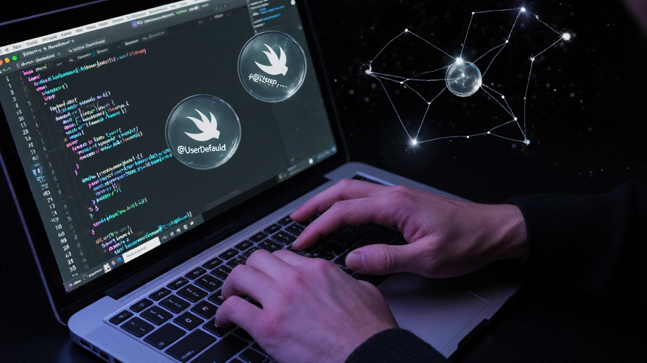 Floating Swift property wrappers hovering above a developer&#039;s keyboard with digital glow effects.