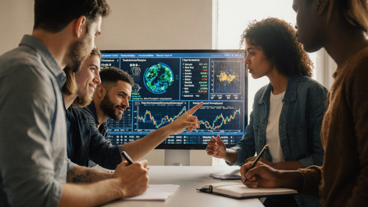 Group collaborating on an AI dashboard showing real-world data like climate and transit trends.