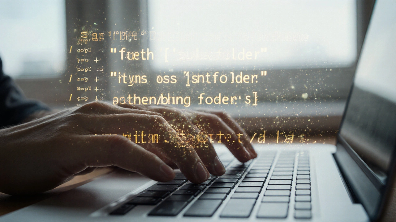 Hand typing Python pathlib code with glowing path syntax above the keyboard.