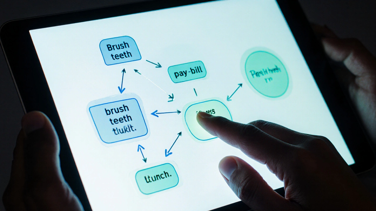 Hands guiding a digital flowchart of daily tasks with conditional logic nodes.