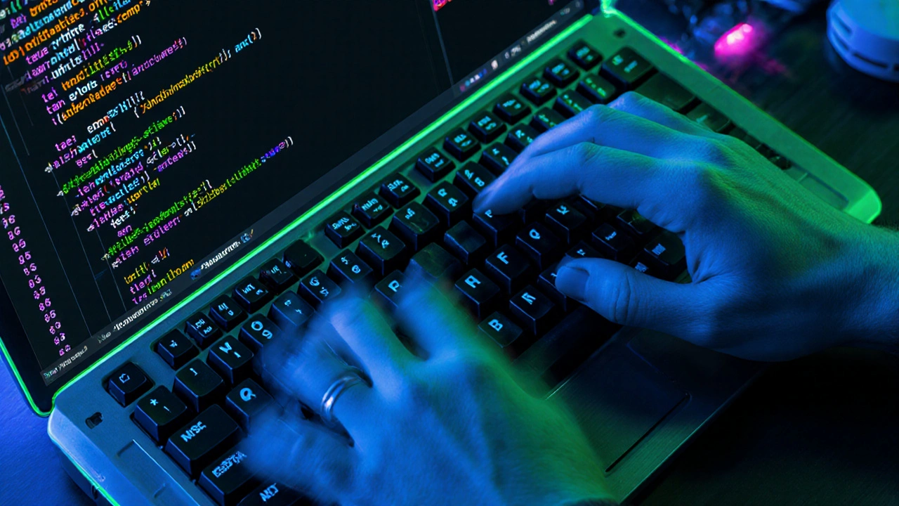 Hands typing on a keyboard with code snippets and AI suggestions visible on screen.