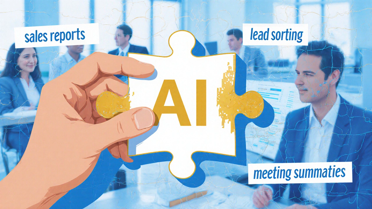 Human hand placing AI into a business mosaic, symbolizing collaboration between people and technology.