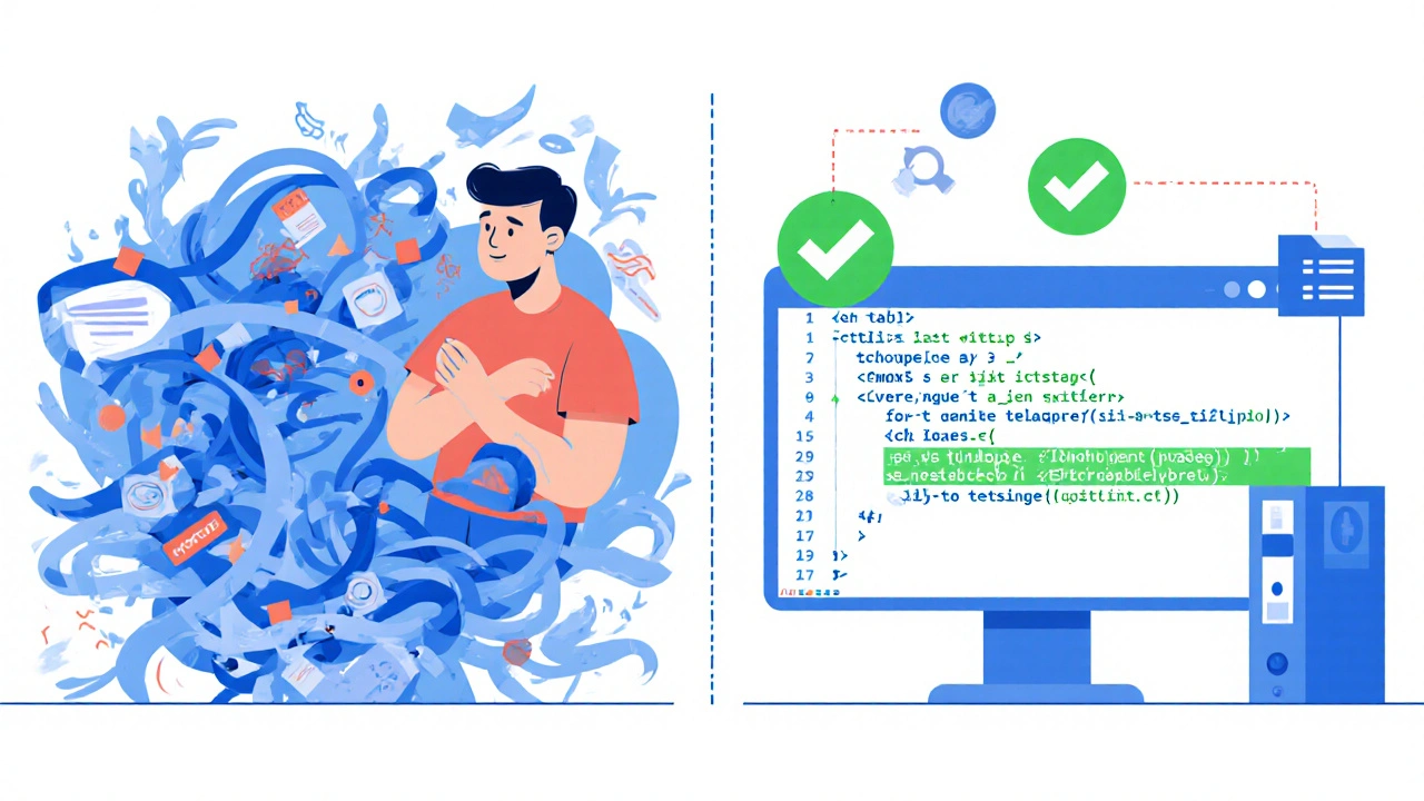 Split scene: chaotic untested code vs. clean, tested code blocks with reusable snippets.
