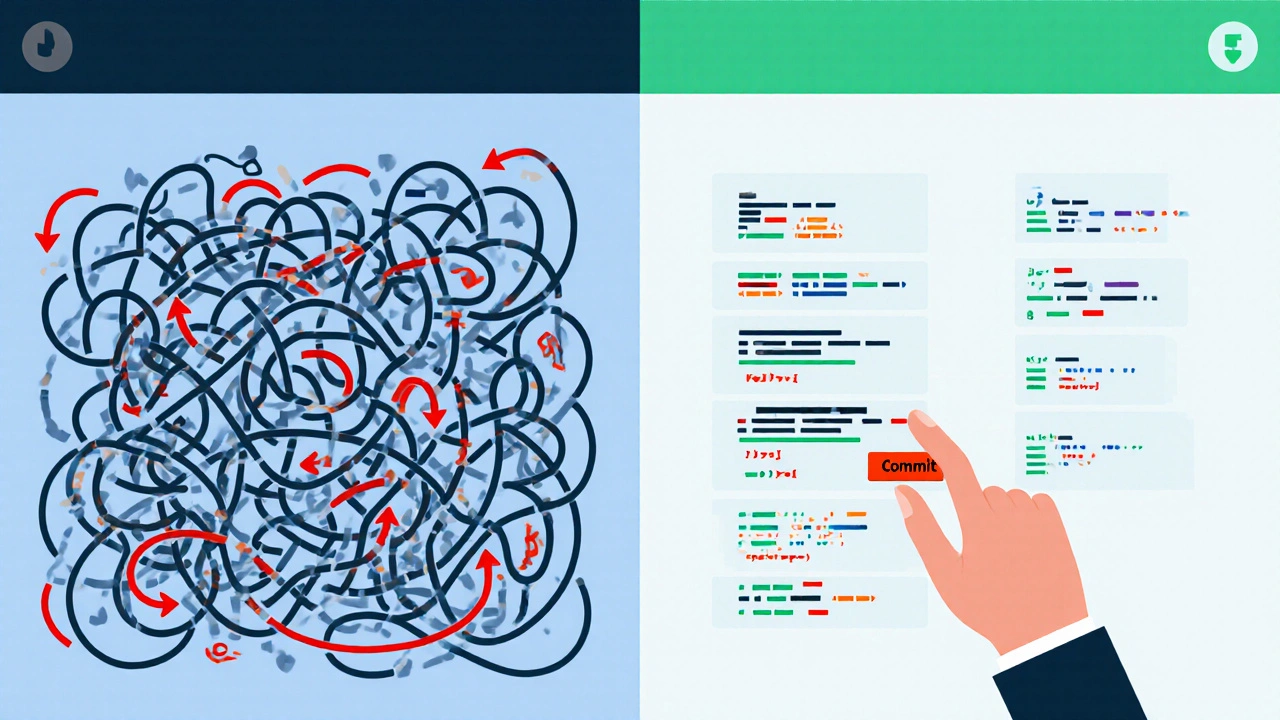 Split-screen comparison of messy code versus organized, modular code blocks like puzzle pieces.