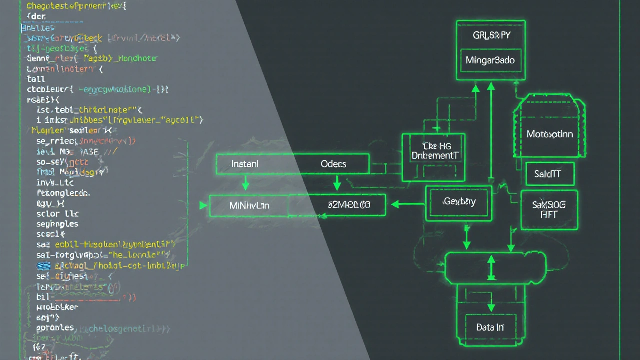 Split-screen comparison of messy vs. clean AI code structure with glowing data flow lines.
