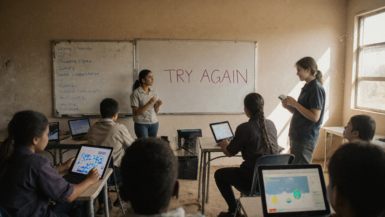Students present coding projects in a rural classroom with a chalkboard reading &#039;TRY AGAIN&#039;