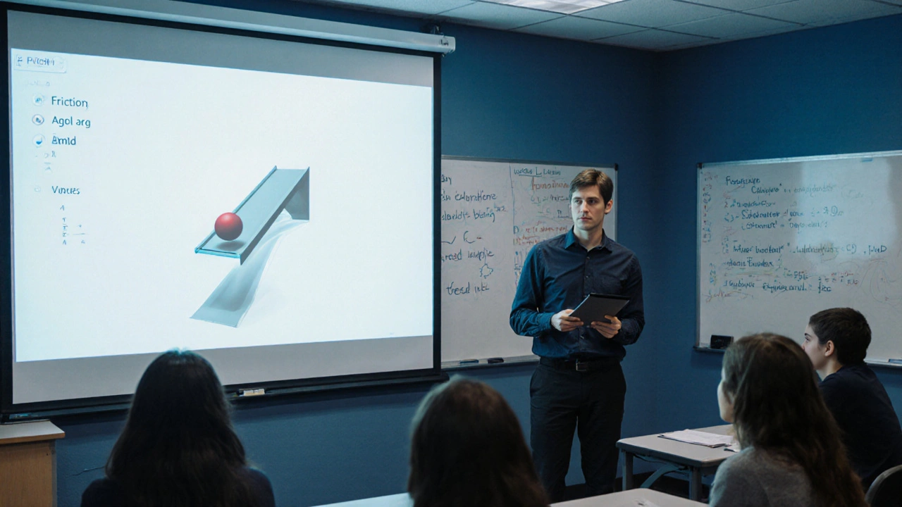 Students watching a real-time physics simulation on a projector screen during a science lesson.