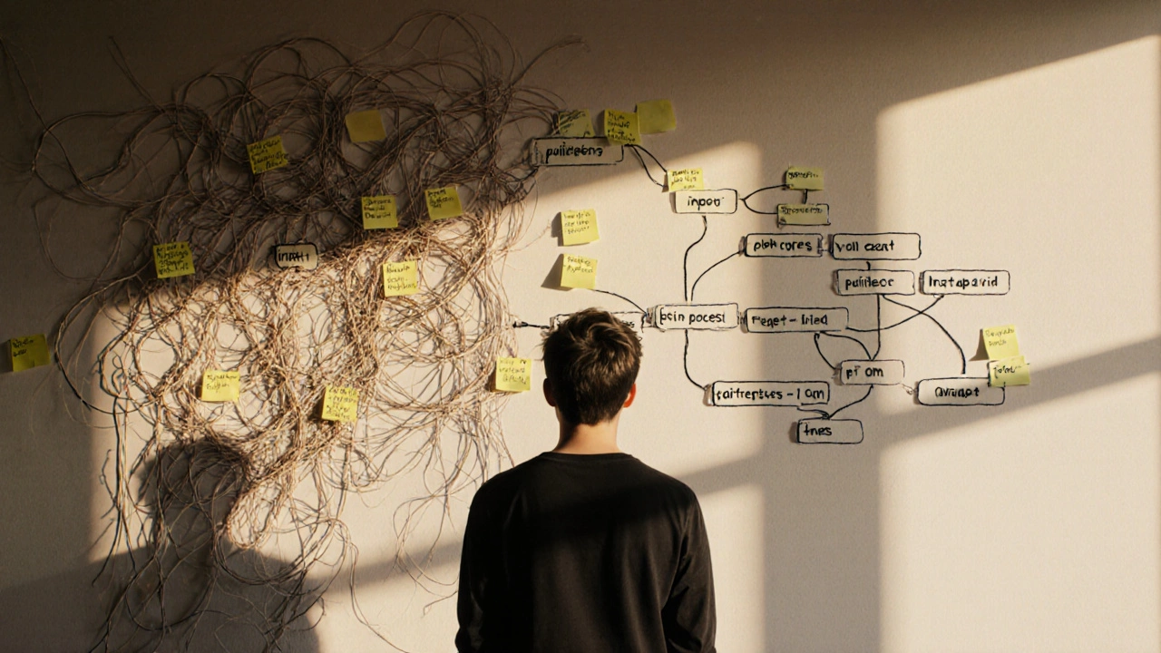 Tangled strings transformed into a structured tree of problem-solving steps on a wall.