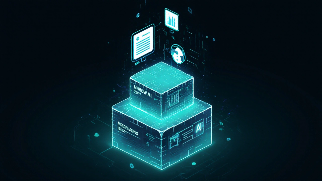 Three layered AI concepts: Narrow AI, Machine Learning, and Generative AI with icons.