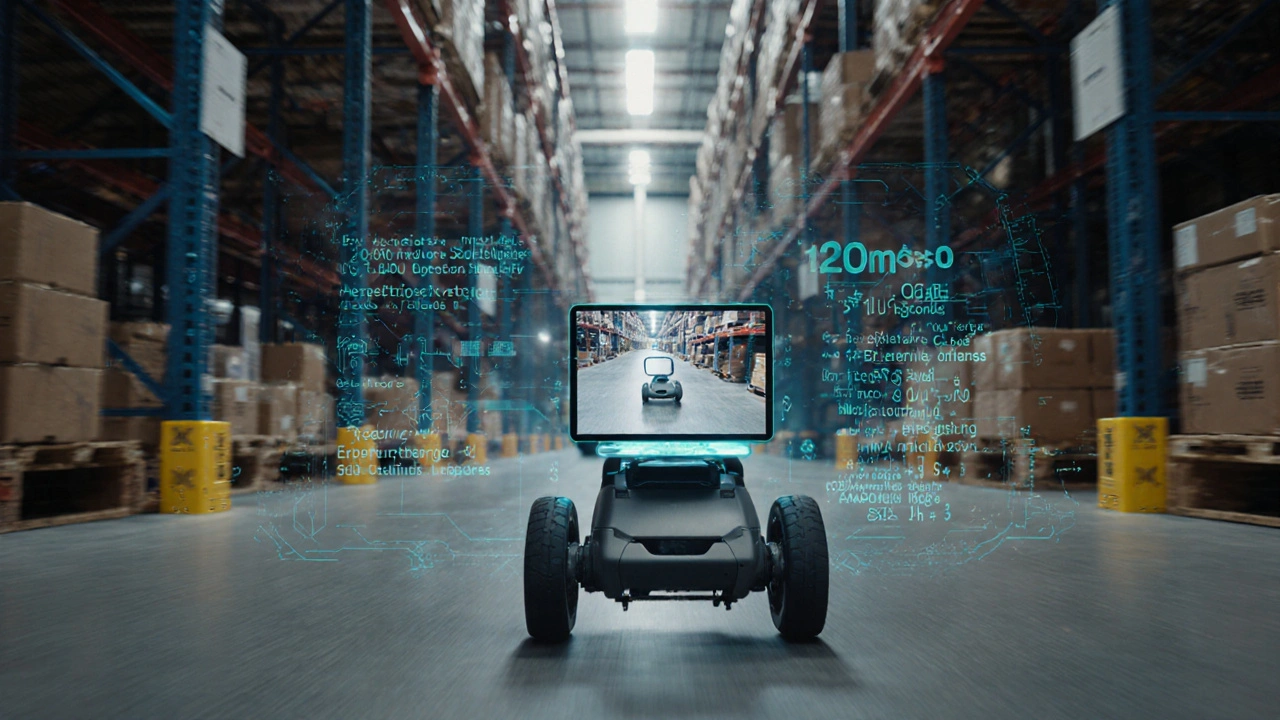 Warehouse robot with real-time object detection overlay showing optimized code running on hardware.