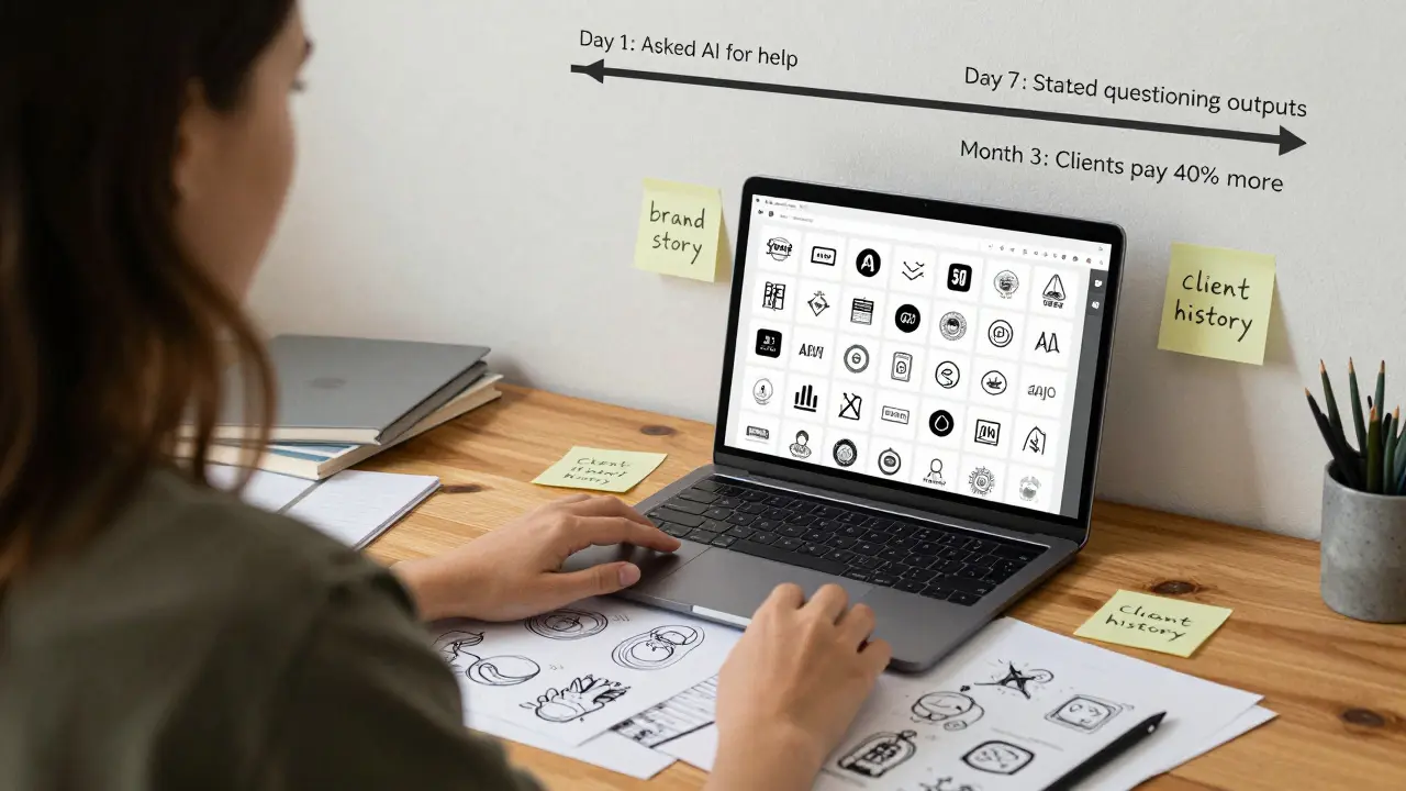 A designer reviews AI-generated logos while sketching refined versions on paper with sticky notes.