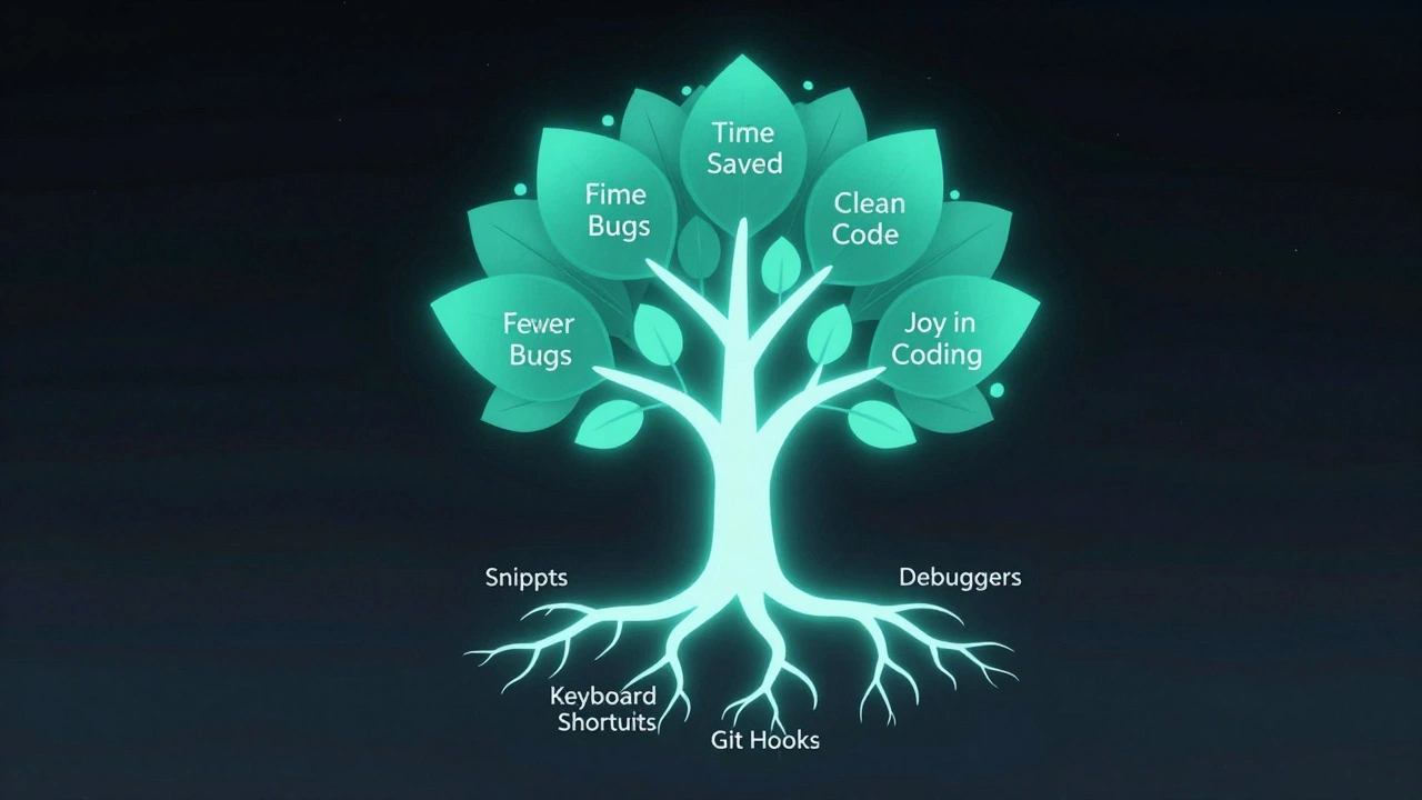 Abstract tree symbolizing coding productivity tricks with glowing roots and leaves.