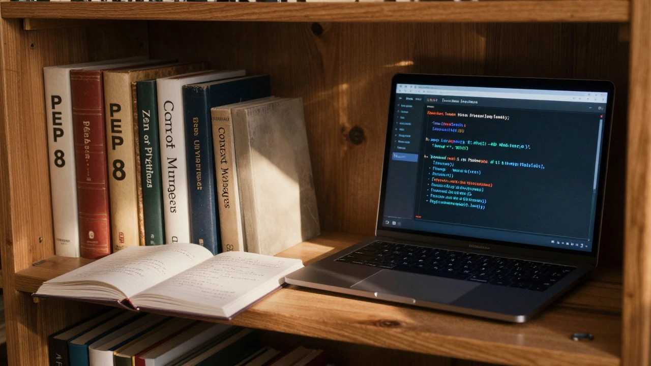 Bookshelf with Python PEP books and a glowing laptop displaying clean code in soft sunlight.