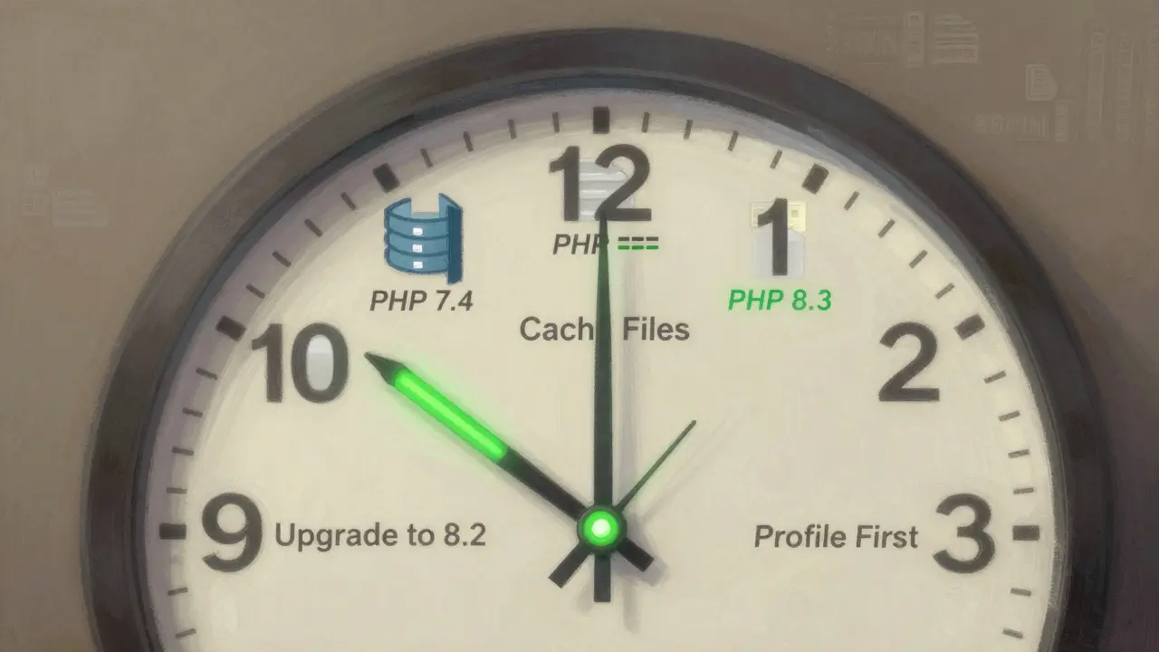Clock face with PHP optimization tips as hour markers, glowing second hand moving from old to new PHP versions