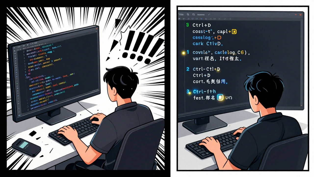 Contrasting chaotic console.log debugging vs efficient Ctrl+D variable renaming.
