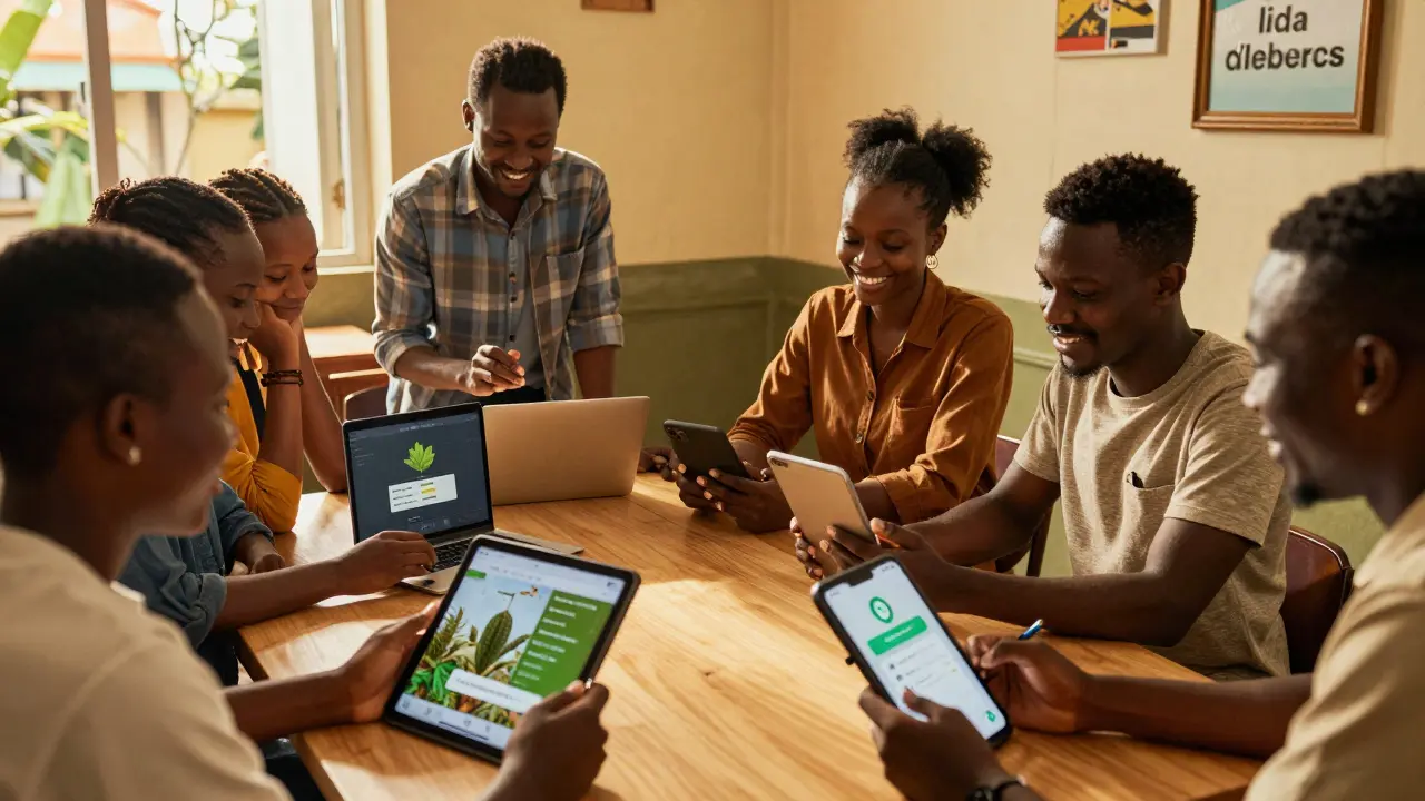 Diverse people using devices to run AI applications in community settings across Africa and Asia.