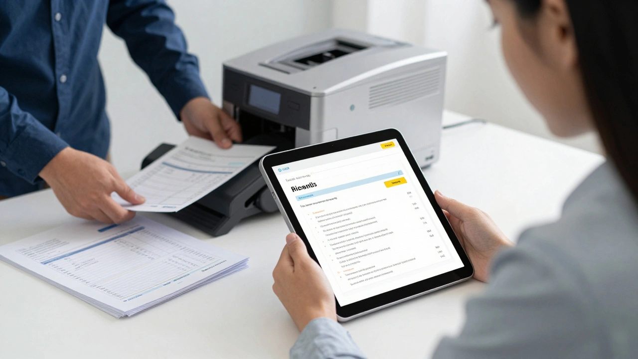 Employee reviews AI-generated meeting summary while invoices are being digitized.