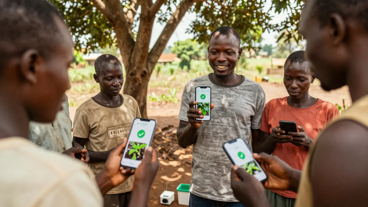 Farmers in Uganda and India using smartphones to get AI plant diagnoses and voice advice in local languages.