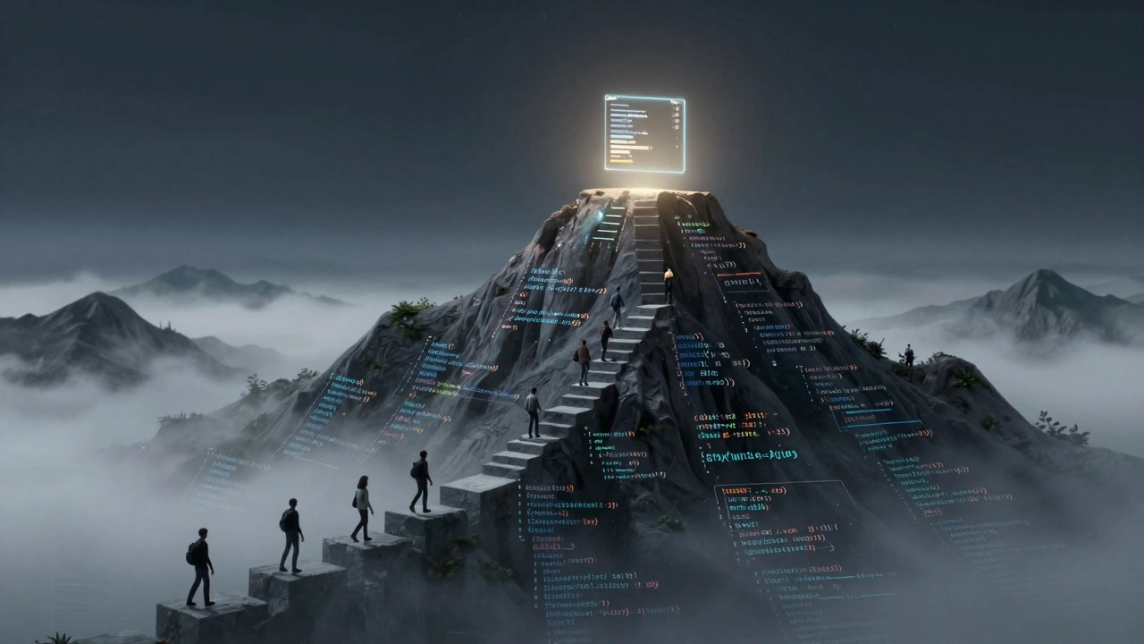 Figures climbing a mountain built from code blocks under glowing summit light.