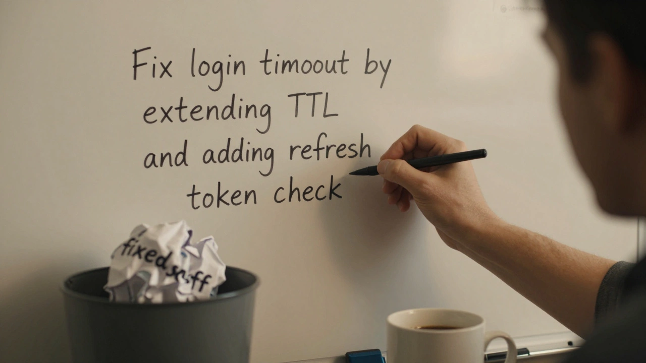 Hand writing a clear Git commit message on whiteboard next to discarded vague note.