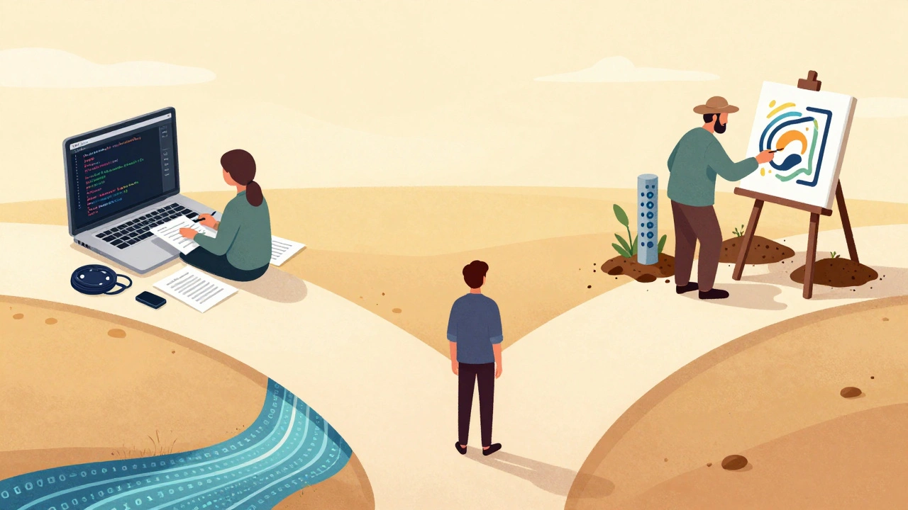 Person at a crossroads with paths showing teachers, farmers, and artists using code.