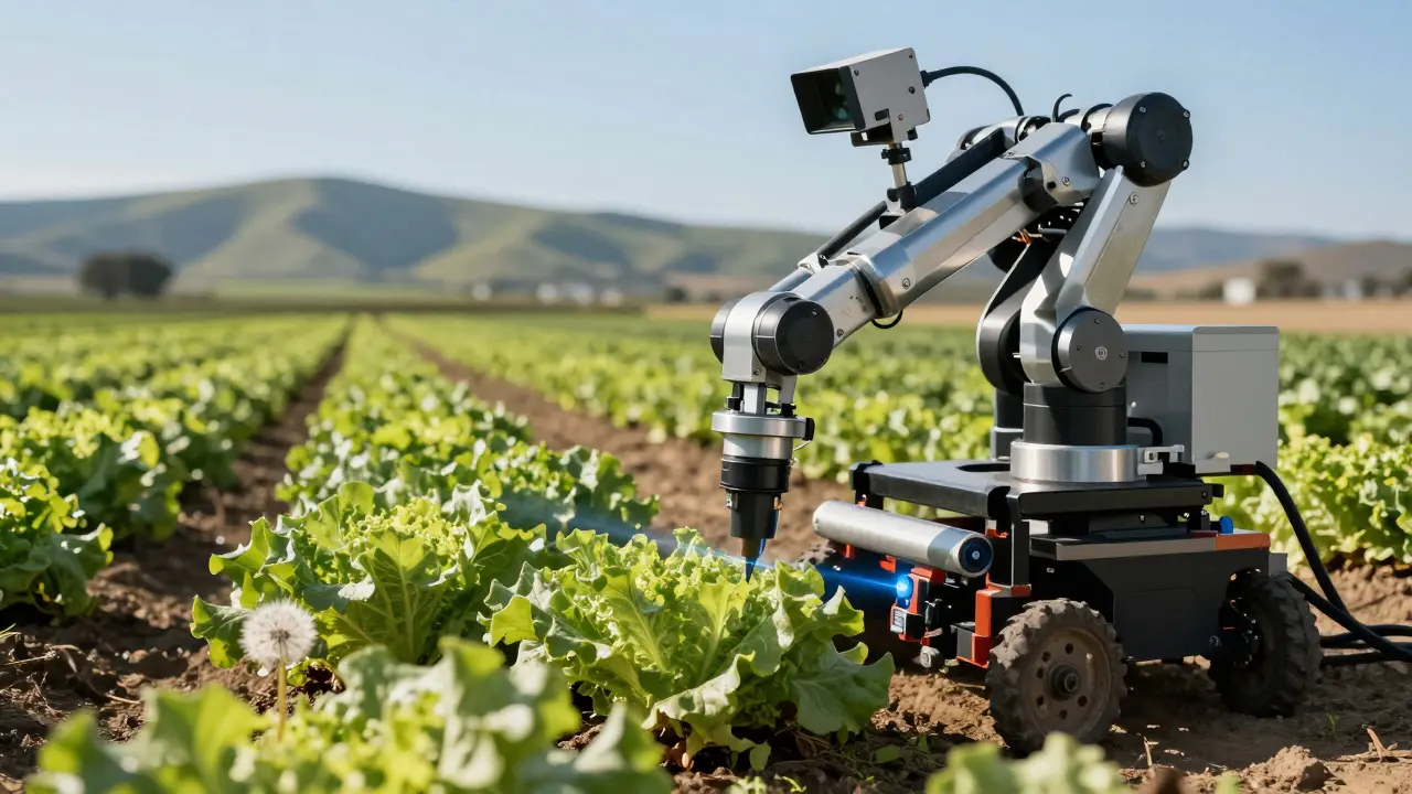 Robotic weeding machine precision-pulling weeds in a lettuce field with laser sparks and computer vision cameras.