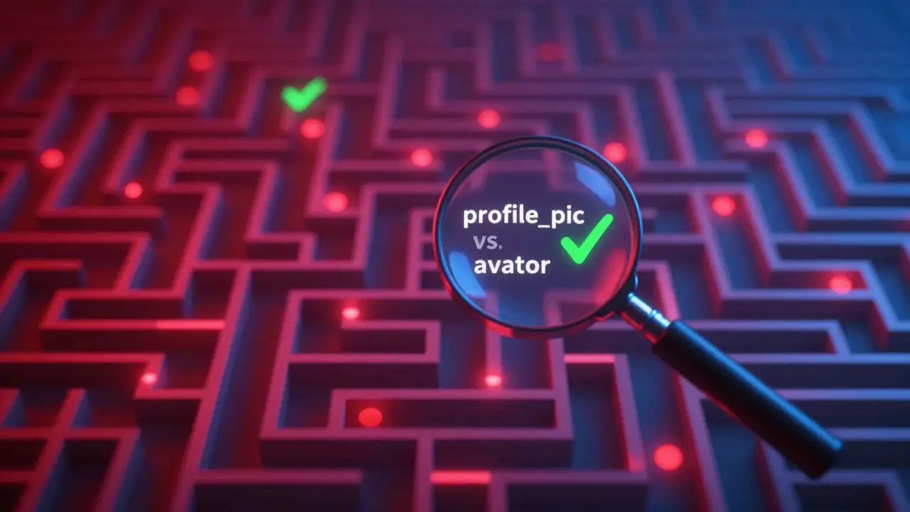 An abstract glowing code labyrinth with red errors and green solutions.