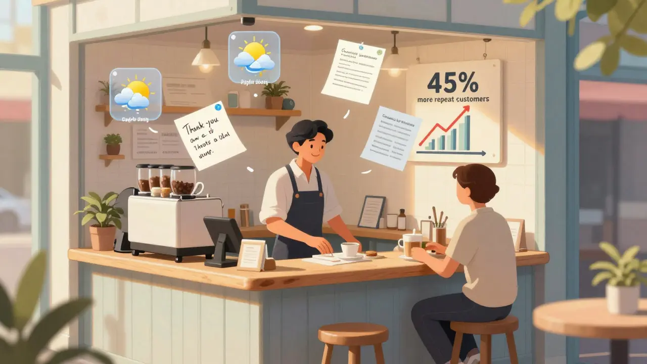 Coffee shop with floating AI icons guiding daily tasks and increasing customer loyalty.